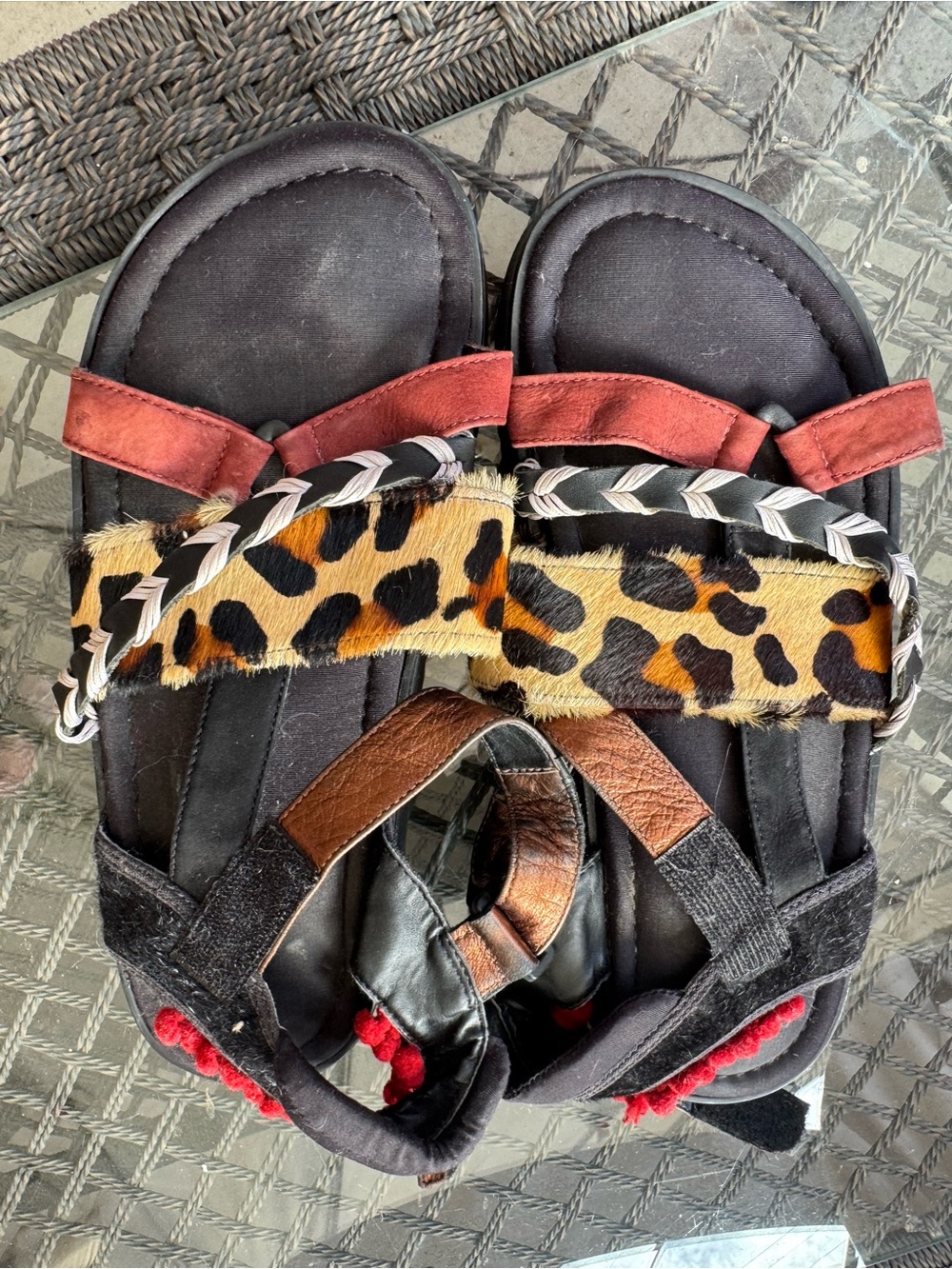 FARM Rio Leopard-Print Sandals with Red Suede & Brown Accents